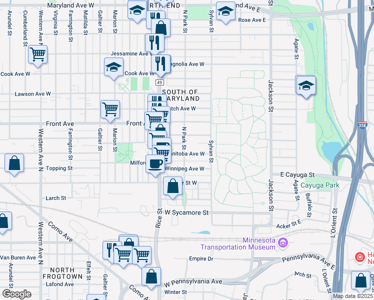 map of restaurants, bars, coffee shops, grocery stores, and more near 91 Manitoba Avenue West in Saint Paul