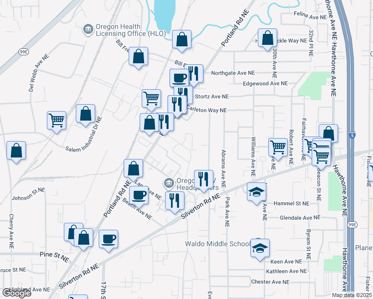 map of restaurants, bars, coffee shops, grocery stores, and more near 3350 Portland Rd NE in Salem