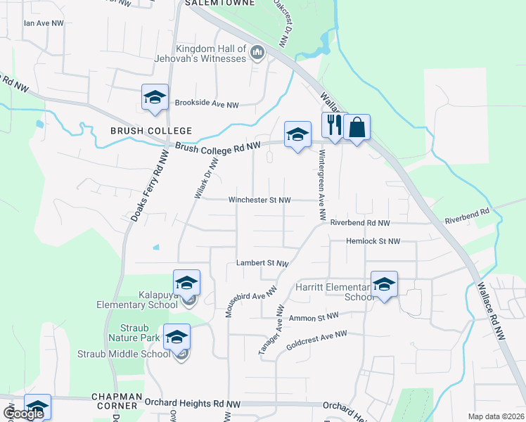 map of restaurants, bars, coffee shops, grocery stores, and more near 1845 Westchester Court Northwest in Salem