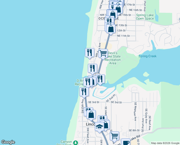 map of restaurants, bars, coffee shops, grocery stores, and more near in Lincoln County