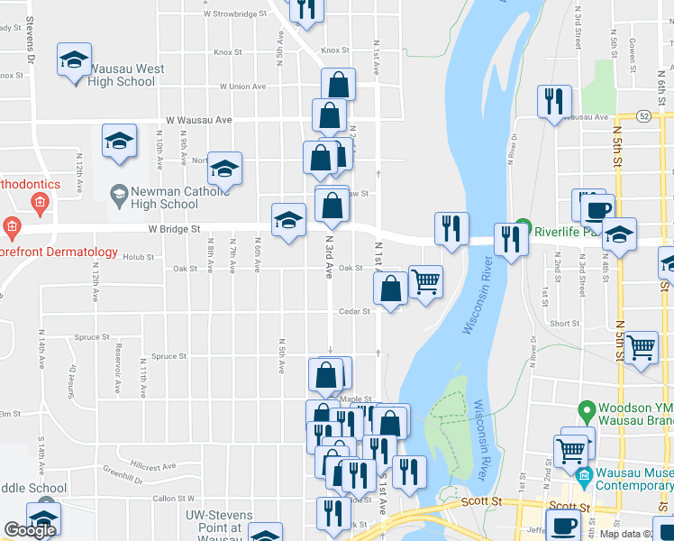 map of restaurants, bars, coffee shops, grocery stores, and more near 430 North 2nd Avenue in Wausau