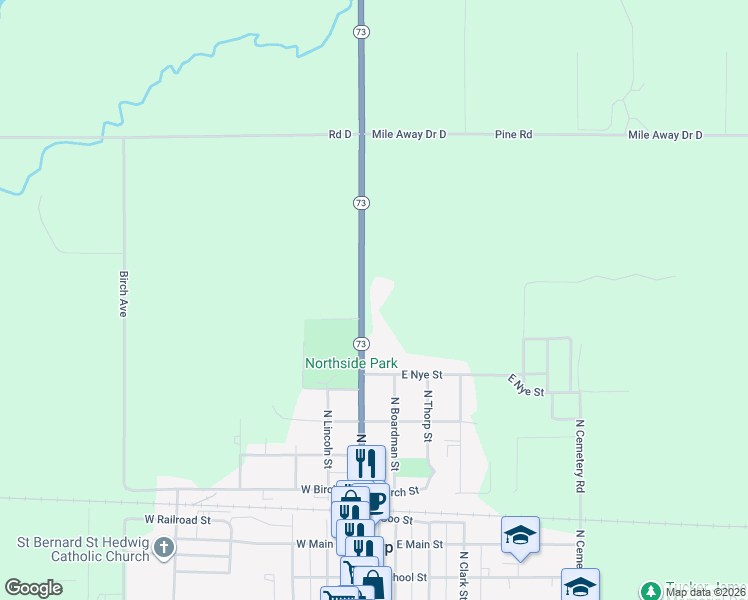 map of restaurants, bars, coffee shops, grocery stores, and more near N15162 Wisconsin 73 in Thorp