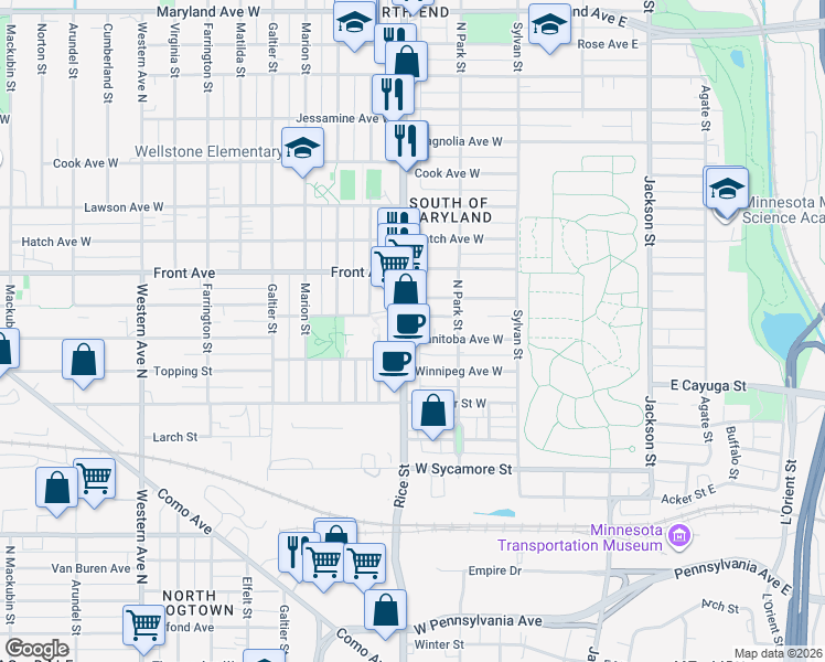 map of restaurants, bars, coffee shops, grocery stores, and more near 117 Manitoba Avenue West in Saint Paul