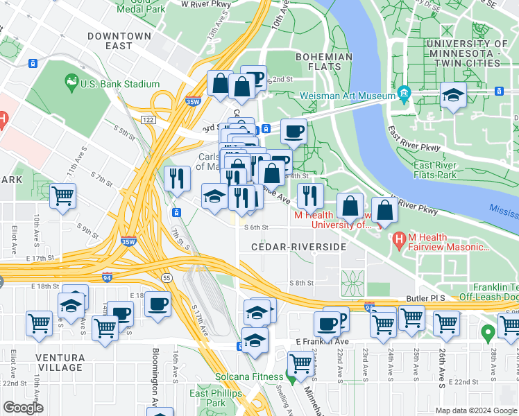 map of restaurants, bars, coffee shops, grocery stores, and more near 1825 South 5th Street in Minneapolis