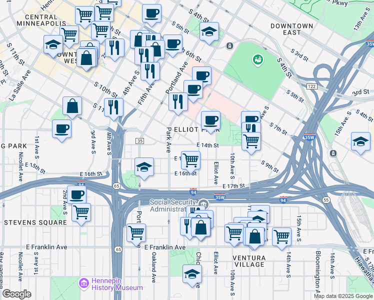 map of restaurants, bars, coffee shops, grocery stores, and more near 719 East 14th Street in Minneapolis