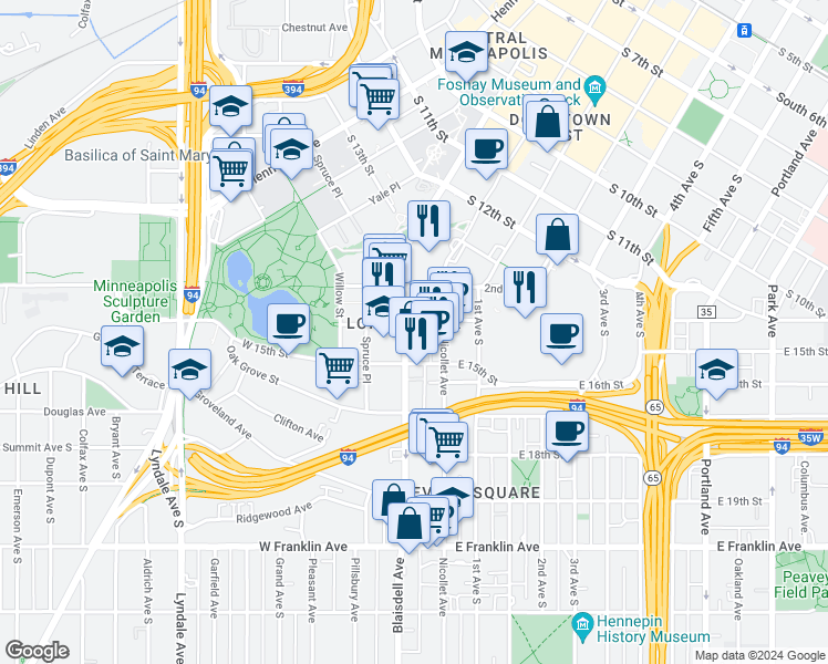 map of restaurants, bars, coffee shops, grocery stores, and more near 1409 Lasalle Avenue in Minneapolis