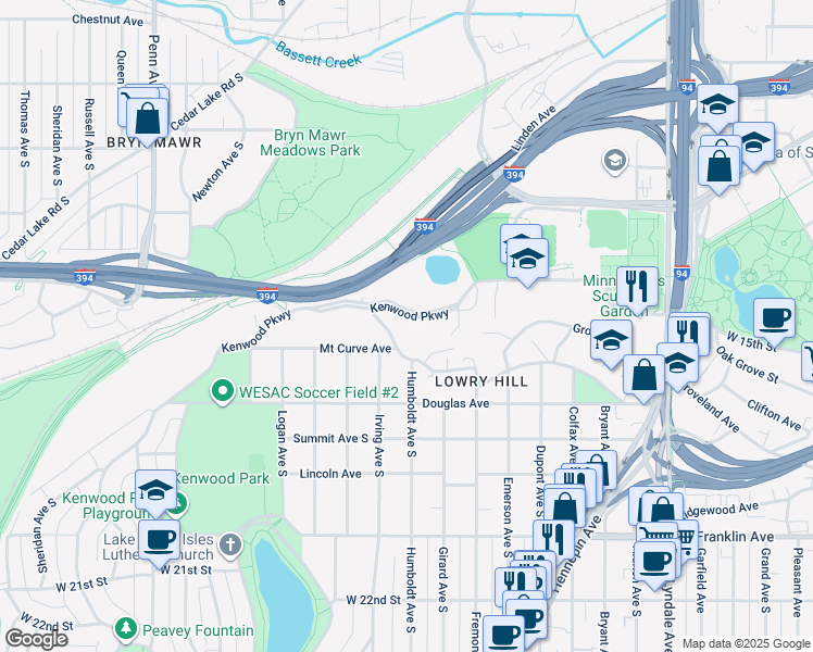 map of restaurants, bars, coffee shops, grocery stores, and more near 1520 Waverly Place in Minneapolis