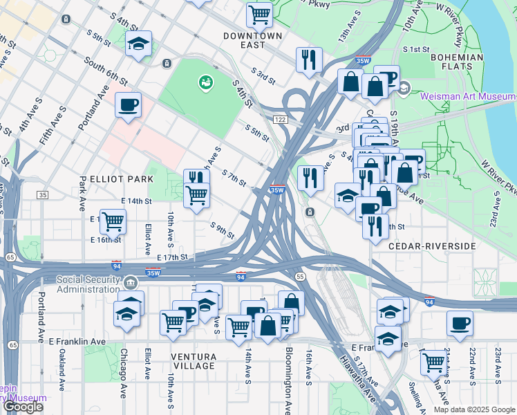 map of restaurants, bars, coffee shops, grocery stores, and more near 721 13th Avenue South in Minneapolis