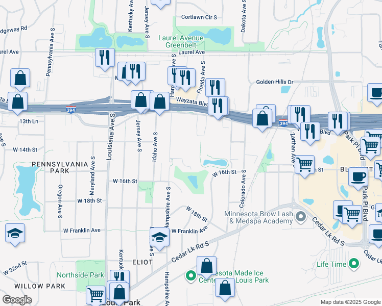 map of restaurants, bars, coffee shops, grocery stores, and more near 1361 Hampshire Avenue South in St. Louis Park