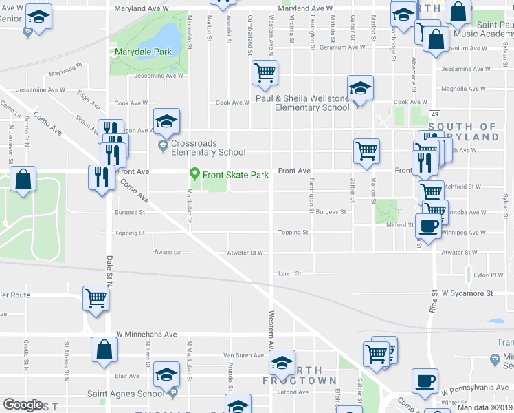 map of restaurants, bars, coffee shops, grocery stores, and more near 397 Burgess Street in Saint Paul