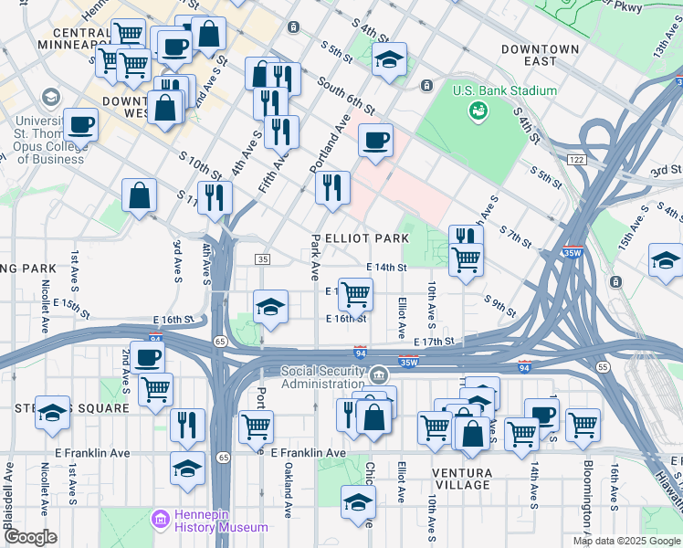 map of restaurants, bars, coffee shops, grocery stores, and more near 719 East 14th Street in Minneapolis