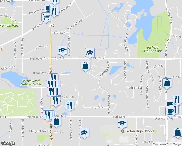 map of restaurants, bars, coffee shops, grocery stores, and more near 6374 13th Street North in Oakdale