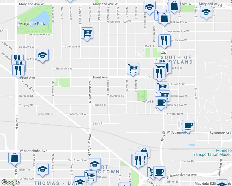map of restaurants, bars, coffee shops, grocery stores, and more near 297 Burgess Street in Saint Paul