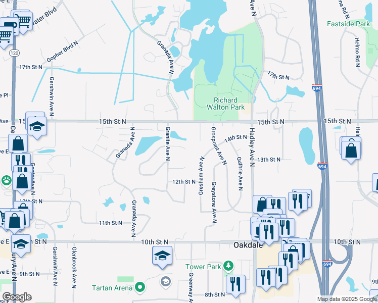 map of restaurants, bars, coffee shops, grocery stores, and more near 6711 13th Street Circle in Oakdale