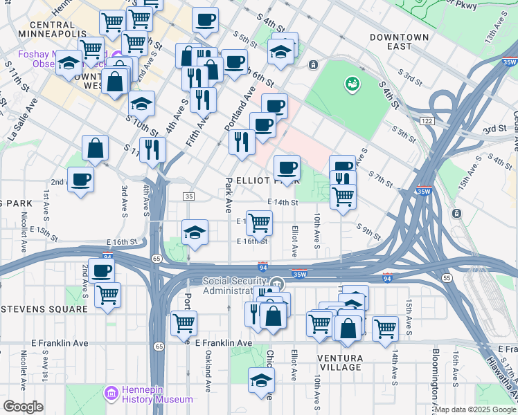 map of restaurants, bars, coffee shops, grocery stores, and more near 719 East 14th Street in Minneapolis