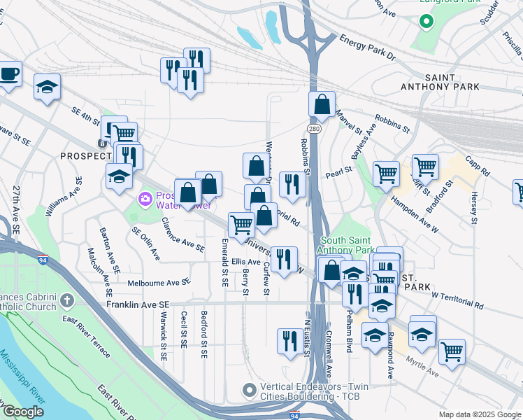 map of restaurants, bars, coffee shops, grocery stores, and more near 2635 University Ave W in St Paul
