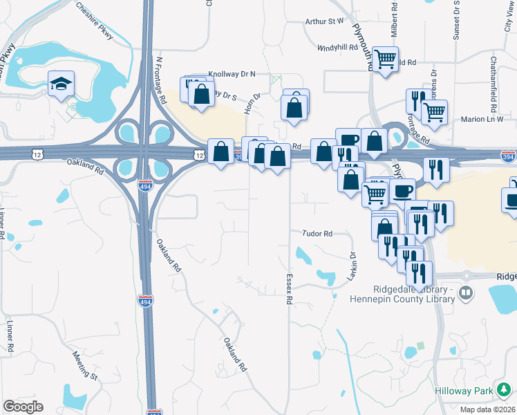 map of restaurants, bars, coffee shops, grocery stores, and more near 1517 Fairfield Road South in Hopkins