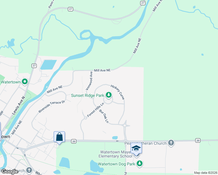 map of restaurants, bars, coffee shops, grocery stores, and more near 990 Hickory Curve in Watertown
