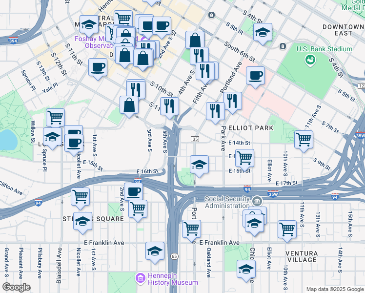 map of restaurants, bars, coffee shops, grocery stores, and more near 501 East 14th Street in Minneapolis