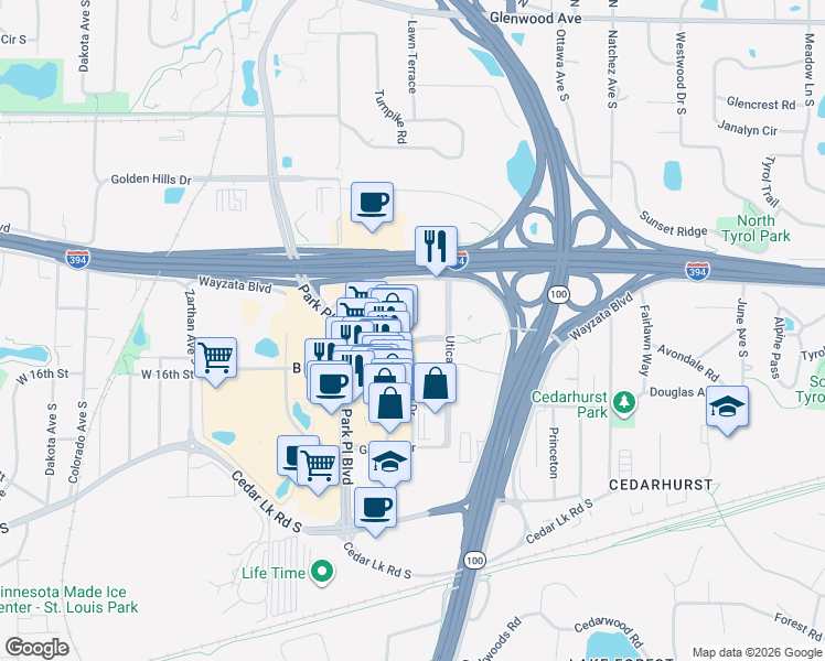 map of restaurants, bars, coffee shops, grocery stores, and more near 5310 West 16th Street in St. Louis Park