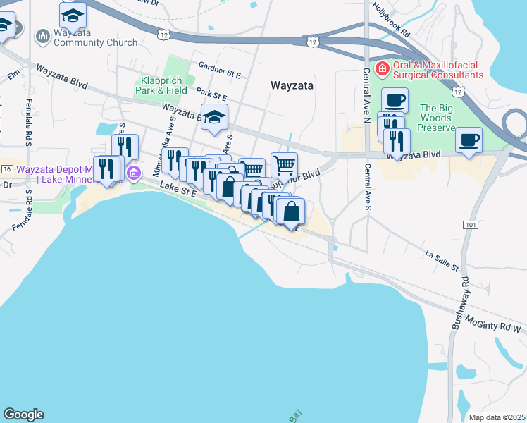 map of restaurants, bars, coffee shops, grocery stores, and more near 811 Lake Street East in Wayzata