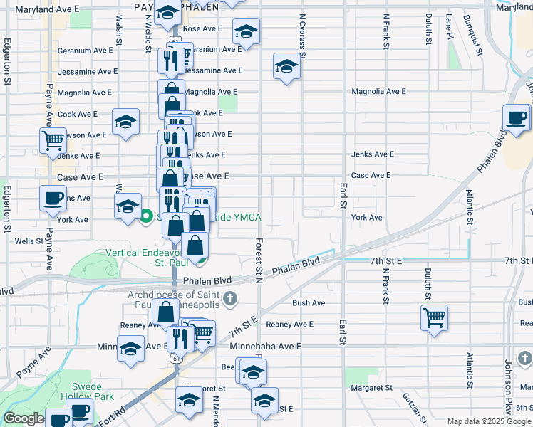 map of restaurants, bars, coffee shops, grocery stores, and more near 902 Duchess Street in Saint Paul