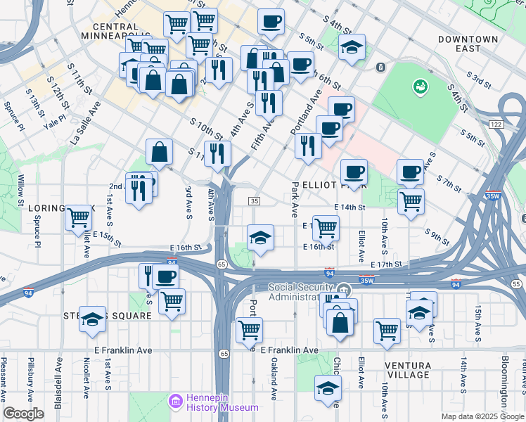 map of restaurants, bars, coffee shops, grocery stores, and more near in Minneapolis