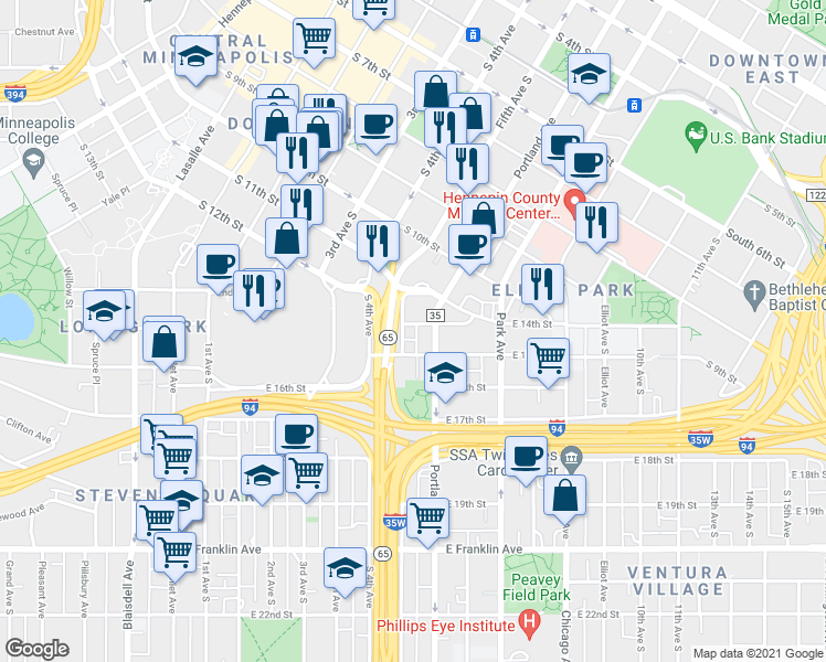 map of restaurants, bars, coffee shops, grocery stores, and more near 507 East 14th Street in Minneapolis