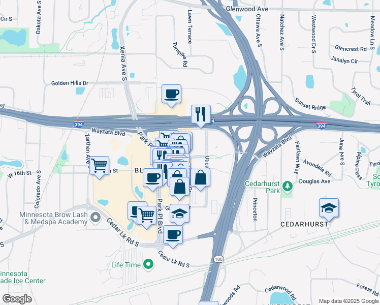map of restaurants, bars, coffee shops, grocery stores, and more near in St. Louis Park