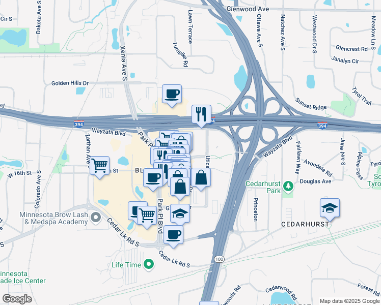 map of restaurants, bars, coffee shops, grocery stores, and more near 5310 West 16th Street in St. Louis Park