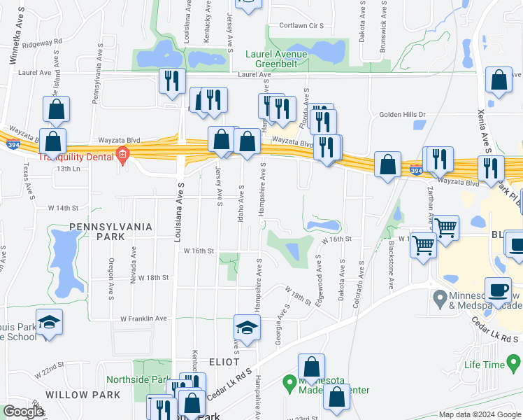 map of restaurants, bars, coffee shops, grocery stores, and more near 1361 Hampshire Avenue South in St. Louis Park