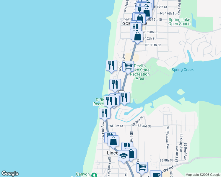map of restaurants, bars, coffee shops, grocery stores, and more near in Lincoln County