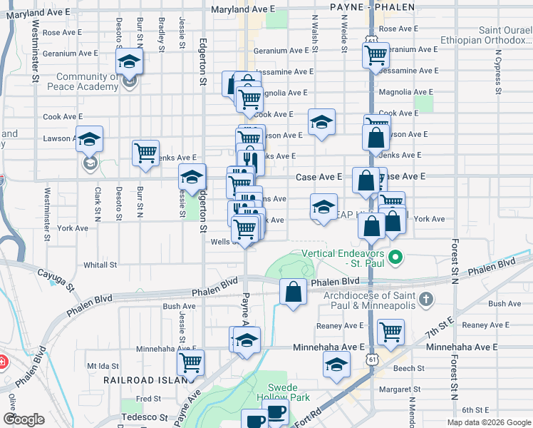 map of restaurants, bars, coffee shops, grocery stores, and more near 677 York Avenue in Saint Paul