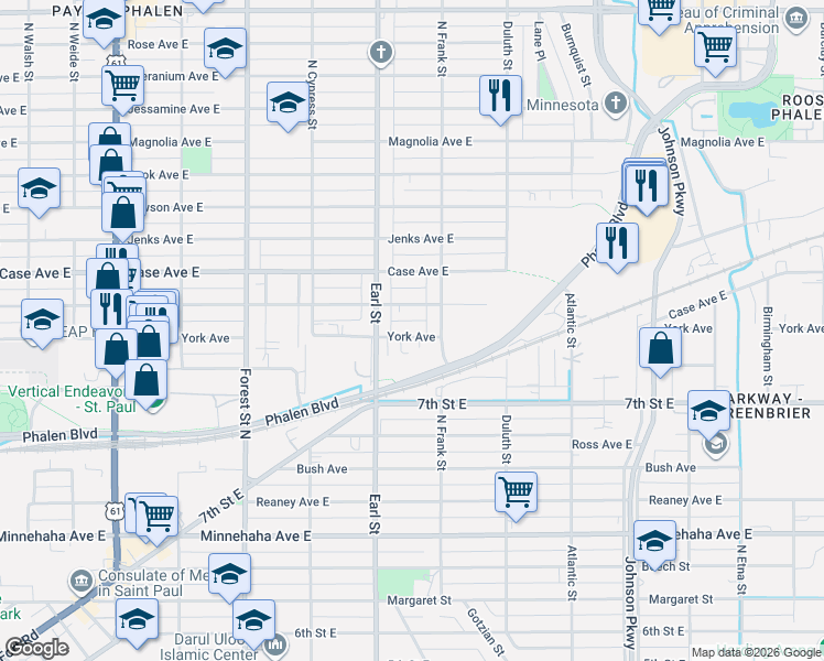 map of restaurants, bars, coffee shops, grocery stores, and more near 1089 York Avenue in Saint Paul
