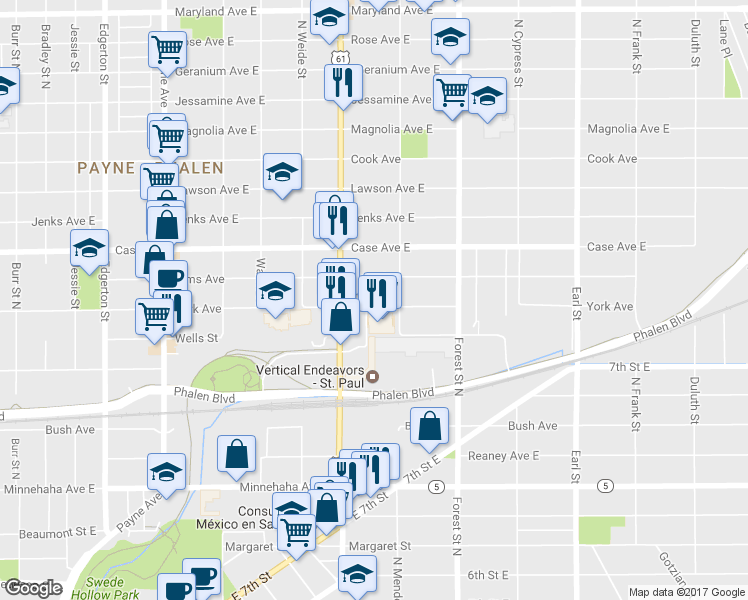 map of restaurants, bars, coffee shops, grocery stores, and more near 853 York Avenue in Saint Paul