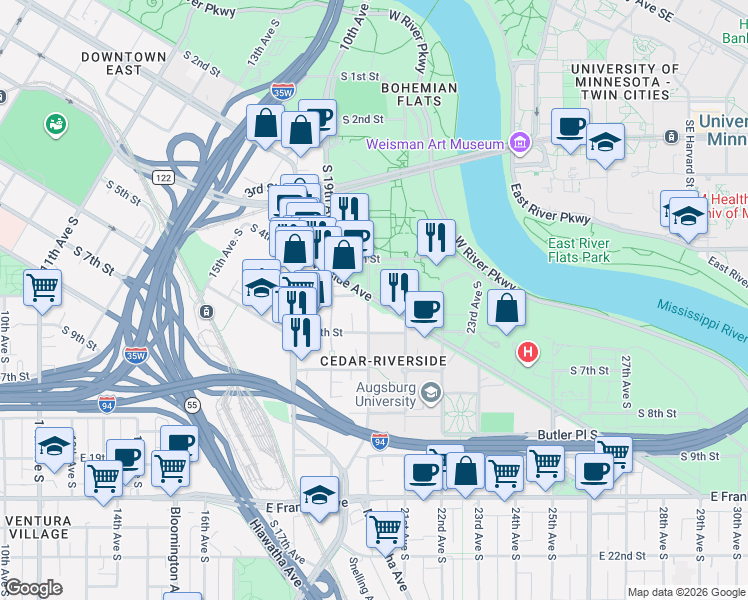 map of restaurants, bars, coffee shops, grocery stores, and more near 2015 Riverside Avenue in Minneapolis