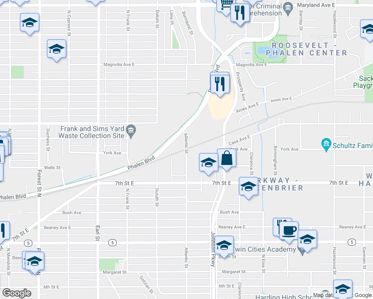 map of restaurants, bars, coffee shops, grocery stores, and more near 909 Atlantic Street in Saint Paul
