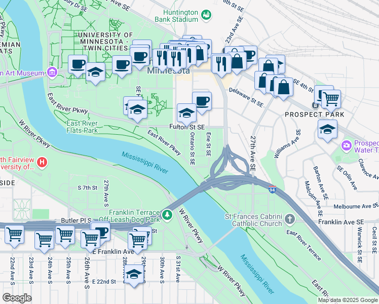 map of restaurants, bars, coffee shops, grocery stores, and more near 638 Ontario Street Southeast in Minneapolis