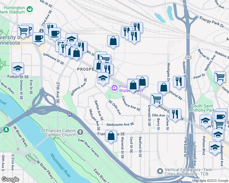 map of restaurants, bars, coffee shops, grocery stores, and more near 55 Malcolm Avenue Southeast in Minneapolis