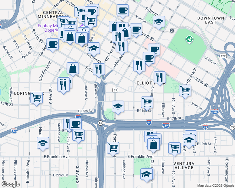 map of restaurants, bars, coffee shops, grocery stores, and more near 1401 Portland Avenue in Minneapolis