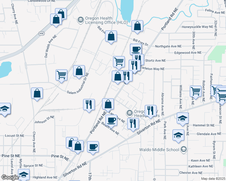map of restaurants, bars, coffee shops, grocery stores, and more near 3230 Portland Road Northeast in Salem