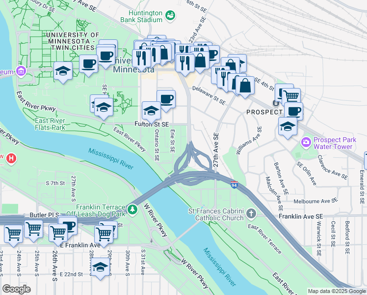 map of restaurants, bars, coffee shops, grocery stores, and more near 638 Huron Boulevard Southeast in Minneapolis