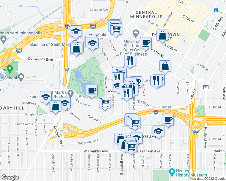 map of restaurants, bars, coffee shops, grocery stores, and more near Spruce Pl & W 14th St in Minneapolis