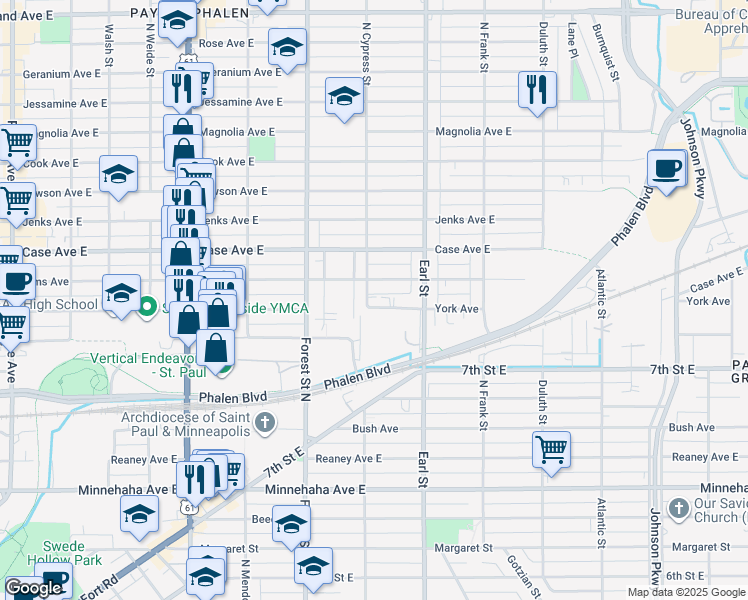 map of restaurants, bars, coffee shops, grocery stores, and more near 906 Russell Street in Saint Paul