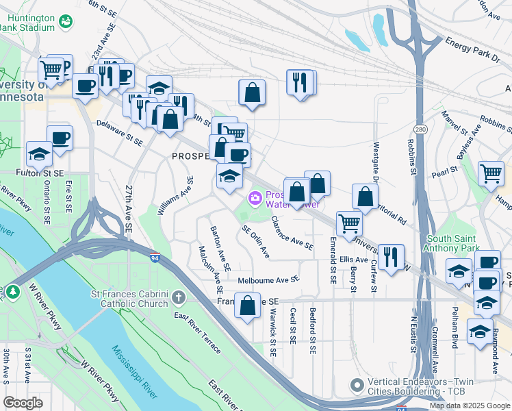 map of restaurants, bars, coffee shops, grocery stores, and more near 55 Malcolm Avenue Southeast in Minneapolis