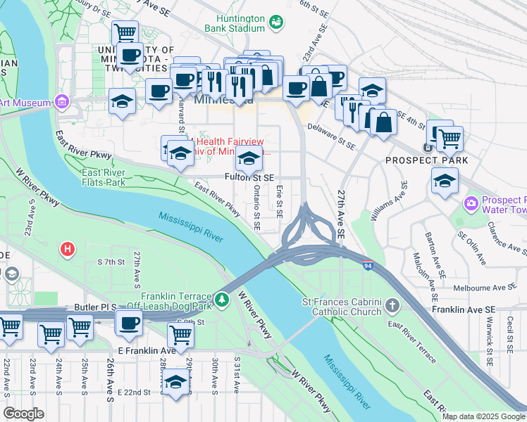 map of restaurants, bars, coffee shops, grocery stores, and more near 916 Dartmouth Place Southeast in Minneapolis