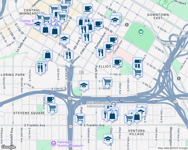 map of restaurants, bars, coffee shops, grocery stores, and more near 1415 Park Avenue in Minneapolis
