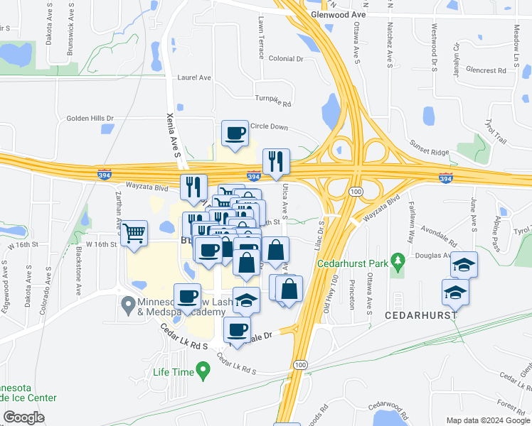 map of restaurants, bars, coffee shops, grocery stores, and more near in St. Louis Park