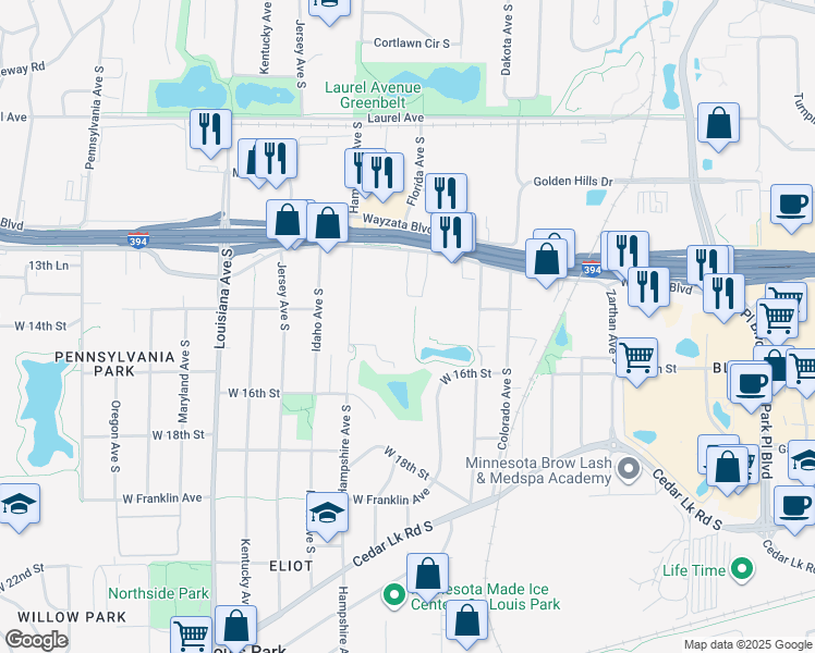 map of restaurants, bars, coffee shops, grocery stores, and more near 1361 Hampshire Avenue South in Minneapolis