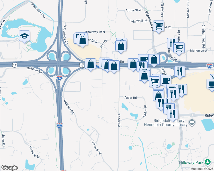 map of restaurants, bars, coffee shops, grocery stores, and more near 1517 Fairfield Road South in Hopkins